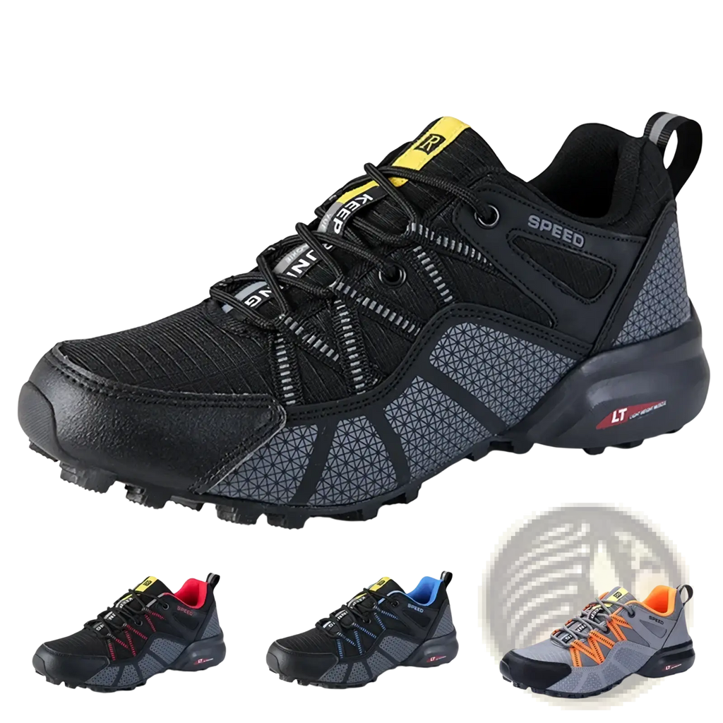 Men waterproof hiking shoes lightweight outdoor trail sneakers in black and gray with yellow accents and mesh upper