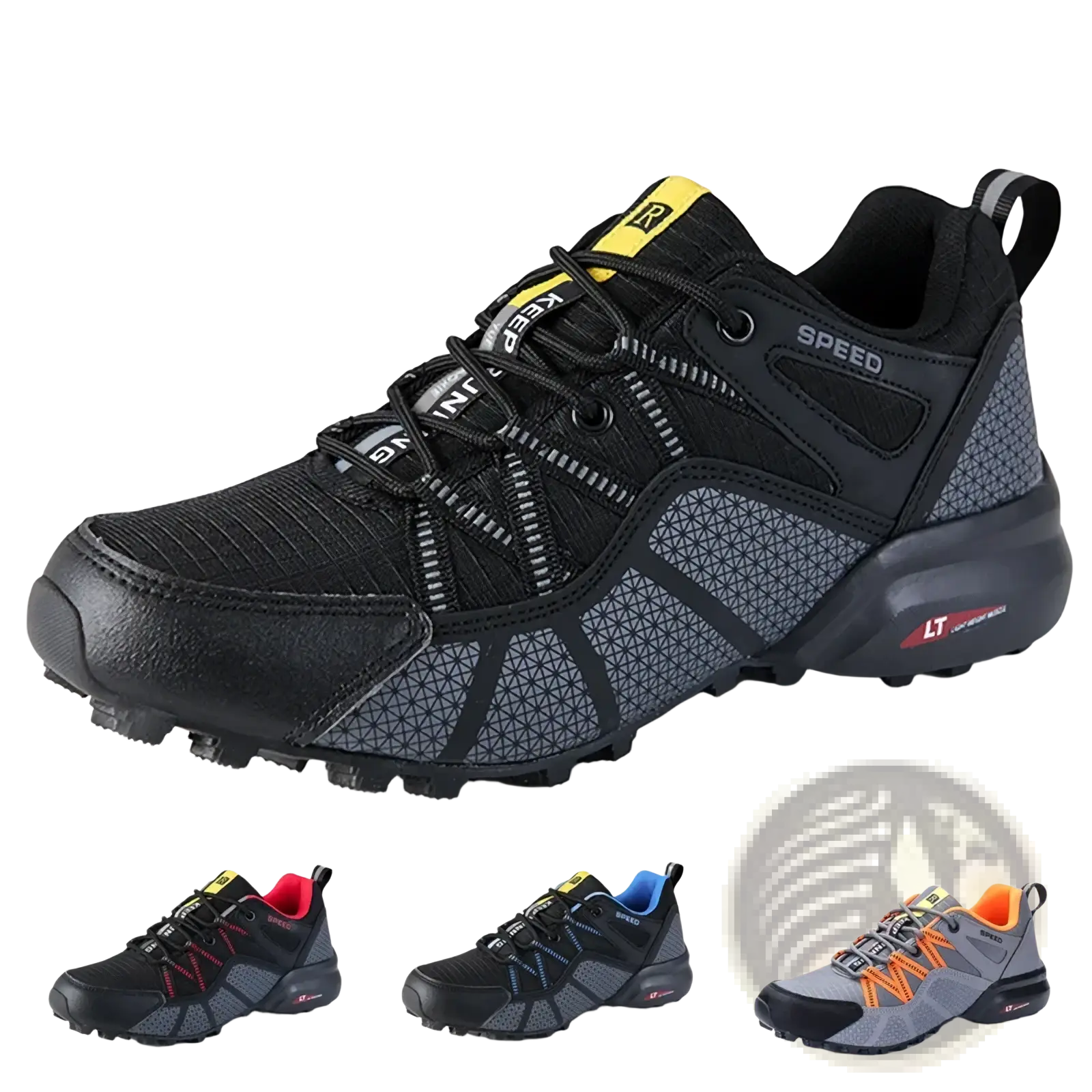 Men waterproof hiking shoes lightweight outdoor trail sneakers in black and gray with yellow accents and mesh upper