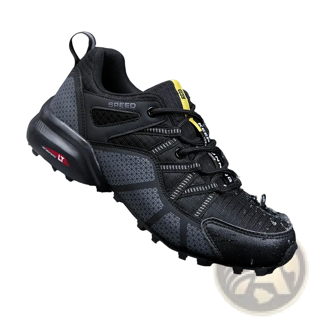 Men waterproof hiking shoes lightweight outdoor trail sneakers in black and gray with yellow accents mesh upper and rubber outsole