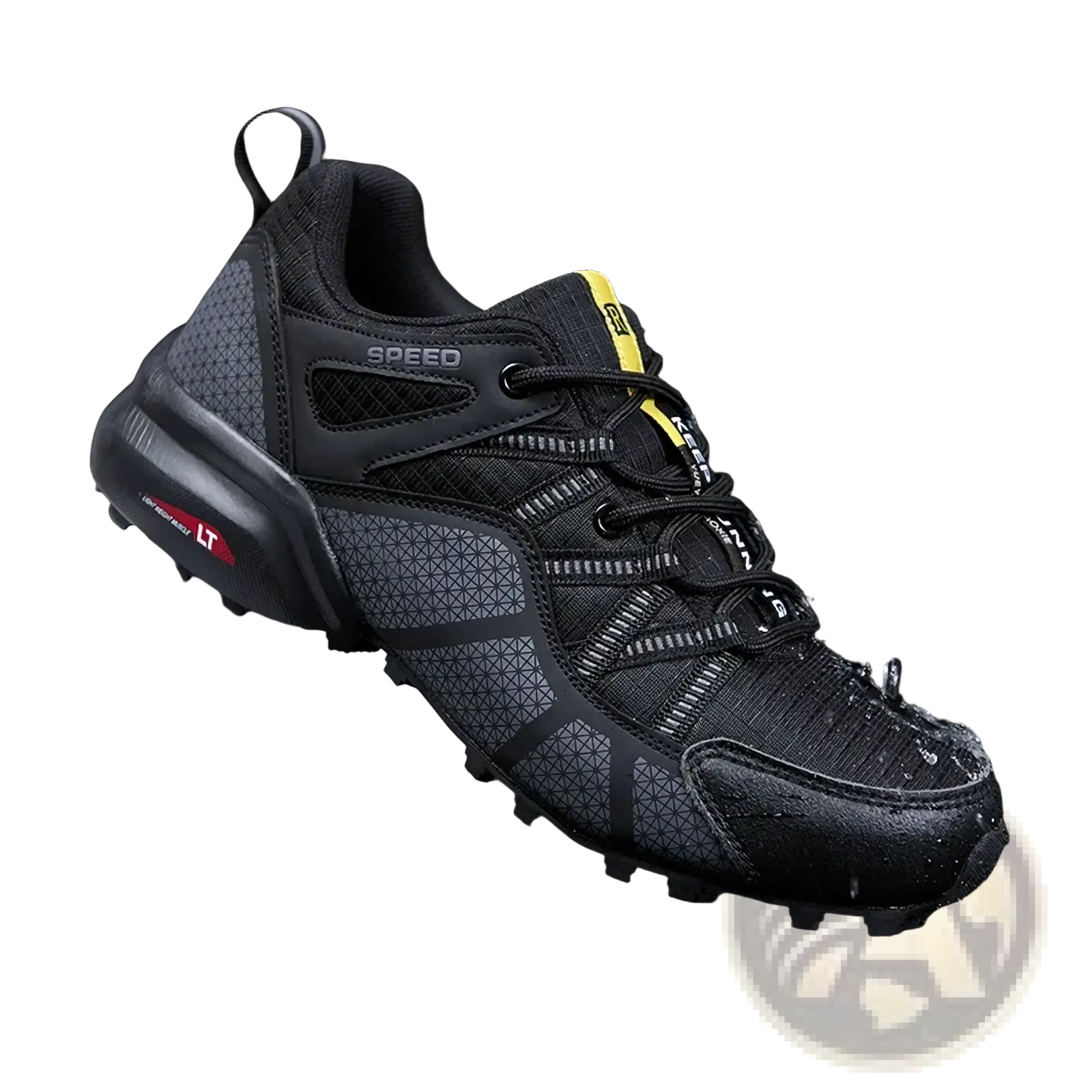 Men waterproof hiking shoes lightweight outdoor trail sneakers in black and gray with yellow accents mesh upper and rubber outsole
