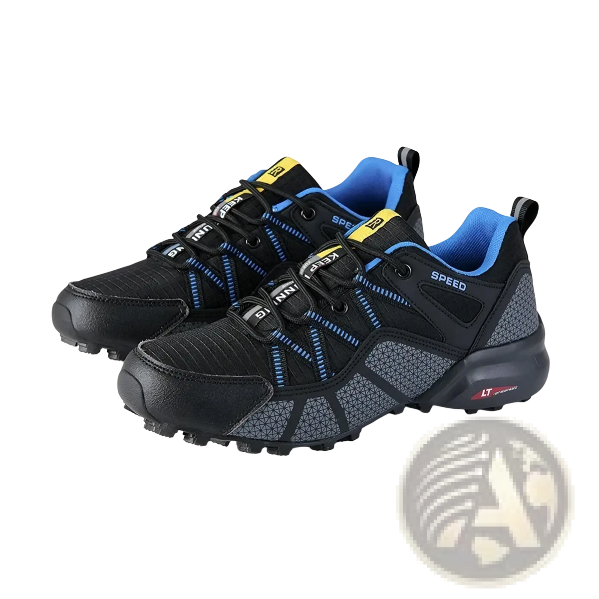 Men waterproof hiking shoes in black and blue with textured mesh uppers rubber outsoles and yellow branding accents