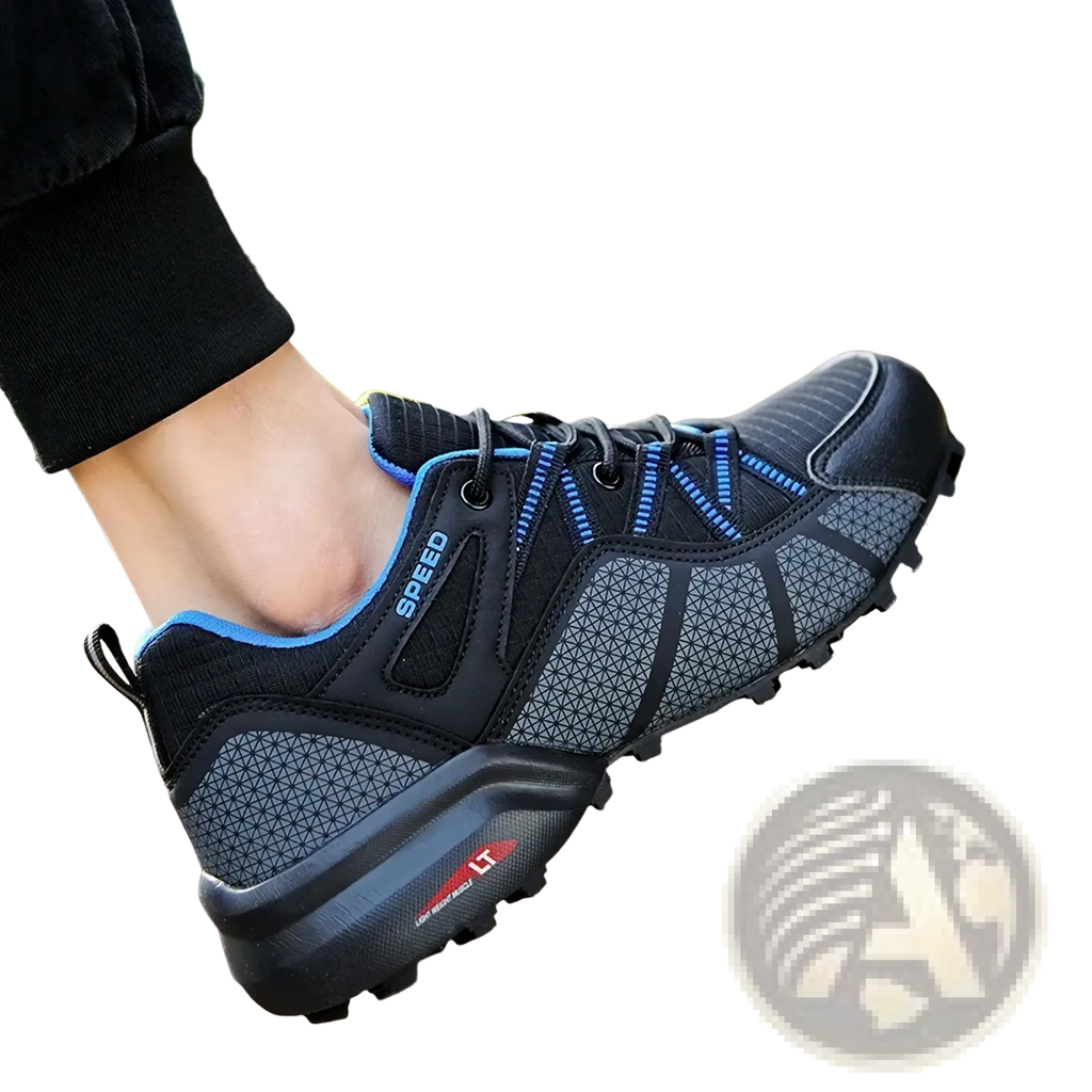 Black and gray men waterproof hiking shoes with blue accents featuring textured mesh upper and rugged outsole