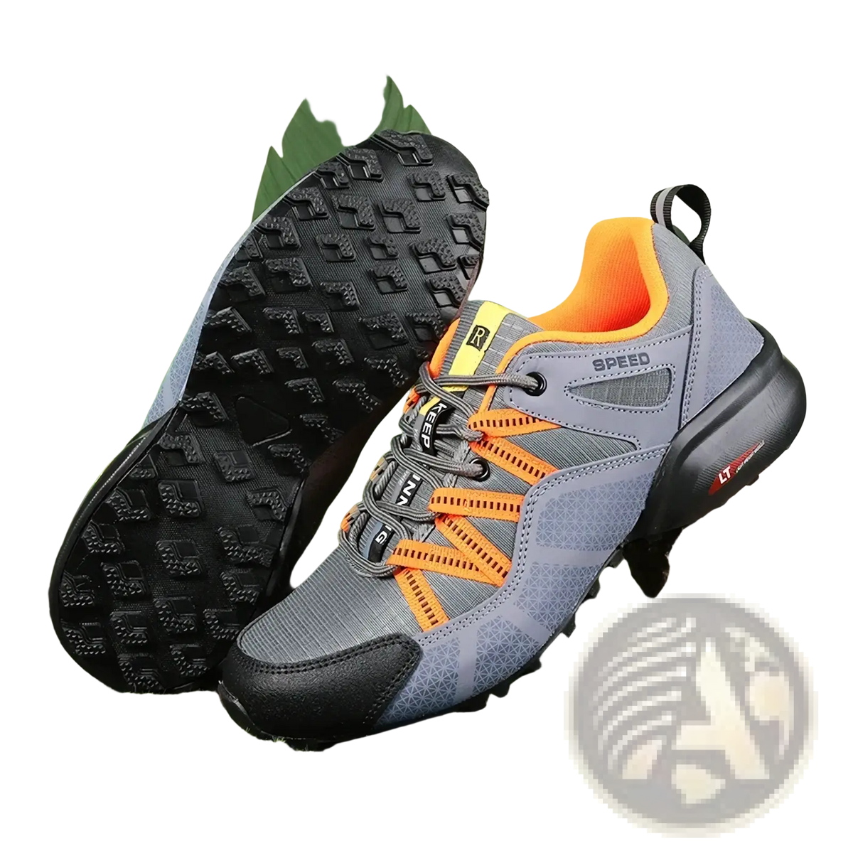 Men waterproof hiking shoes lightweight outdoor trail sneakers in gray and orange with mesh upper and black rubber sole
