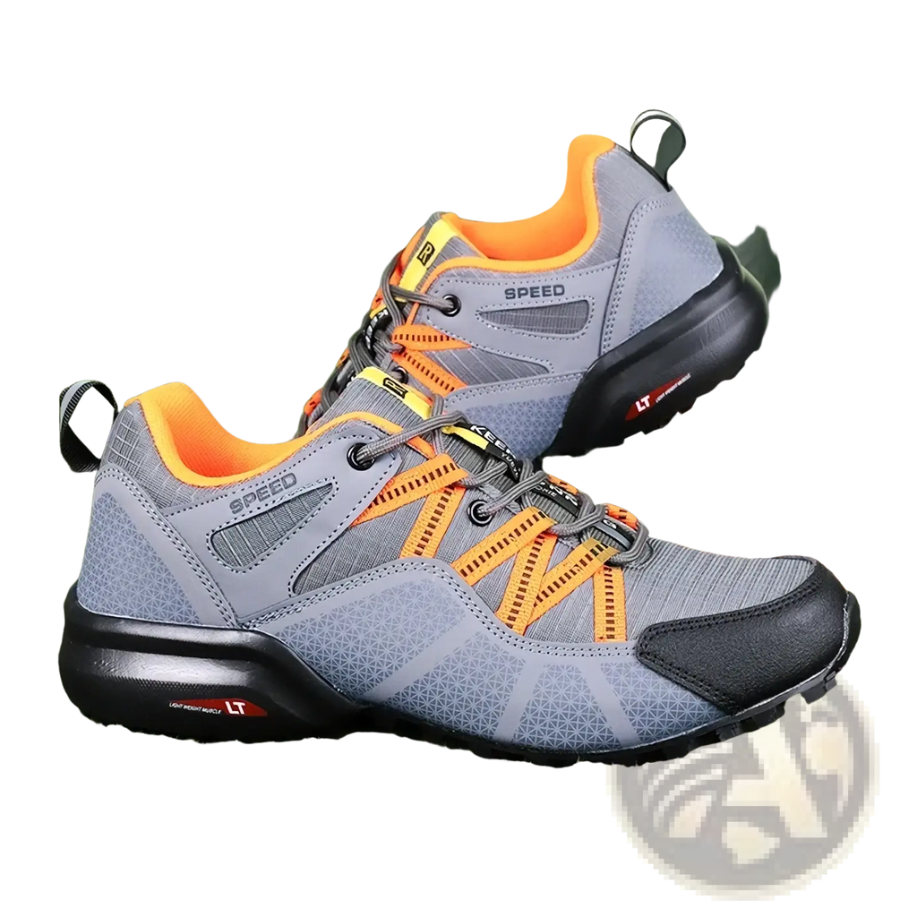 Men waterproof hiking shoes lightweight outdoor trail sneakers in gray and orange with textured upper and black rubber sole