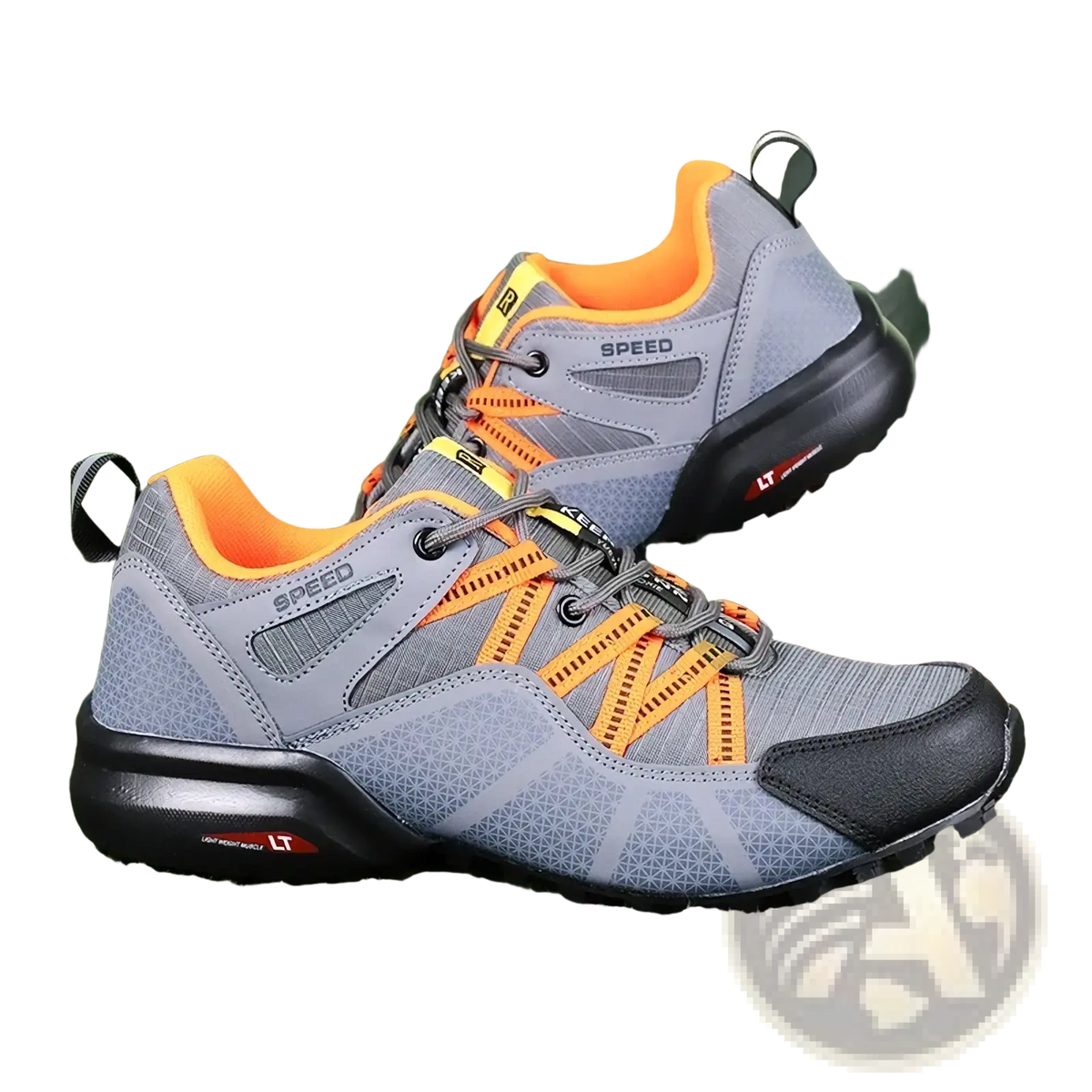 Men waterproof hiking shoes lightweight outdoor trail sneakers in gray and orange with textured upper and black rubber sole