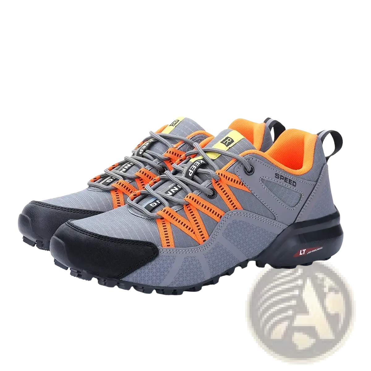 Men waterproof hiking shoes lightweight outdoor trail sneakers in gray and orange with breathable mesh uppers and black soles