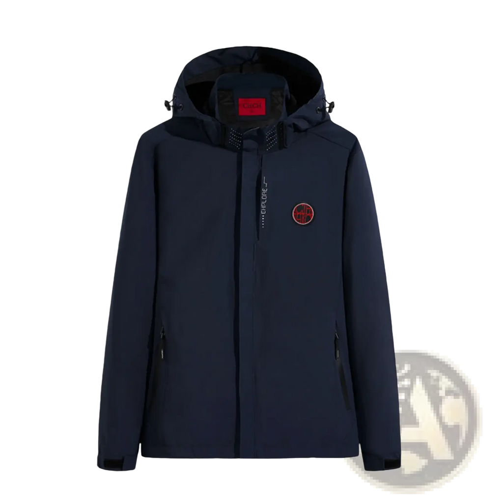 Men waterproof hooded jacket navy blue in dark navy waterproof fabric with black adjustable hood and red chest logo