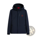 Men waterproof hooded jacket navy blue in dark navy waterproof fabric with black adjustable hood and red chest logo