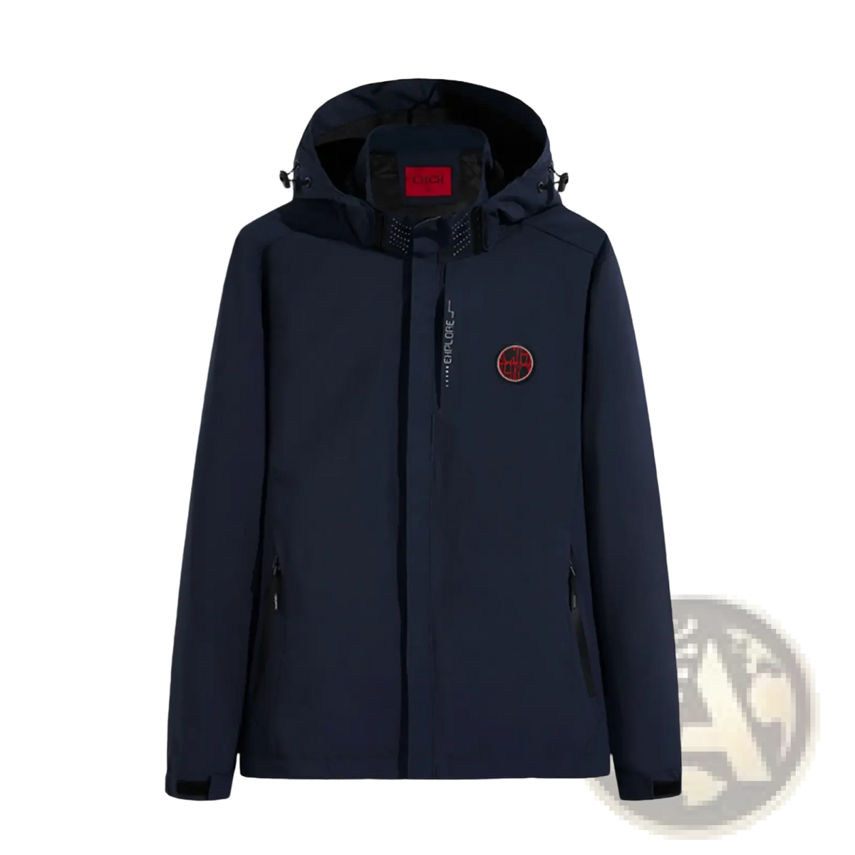 Men waterproof hooded jacket navy blue in dark navy waterproof fabric with black adjustable hood and red chest logo