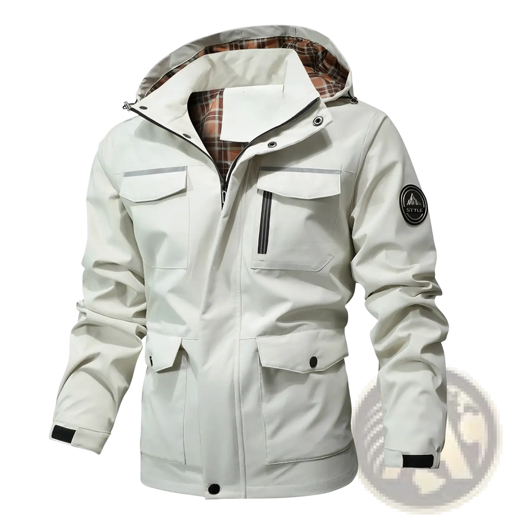 Men waterproof hooded trench coat in beige with black trim, plaid-lined interior, multiple pockets, and waterproof material