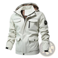 Men waterproof hooded trench coat in beige with black trim, plaid-lined interior, multiple pockets, and waterproof material