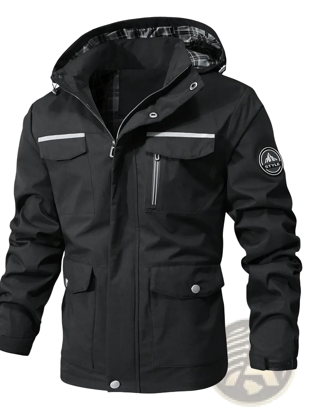 Men waterproof hooded trench coat in black with reflective stripes and plaid-lined waterproof interior for outdoor use