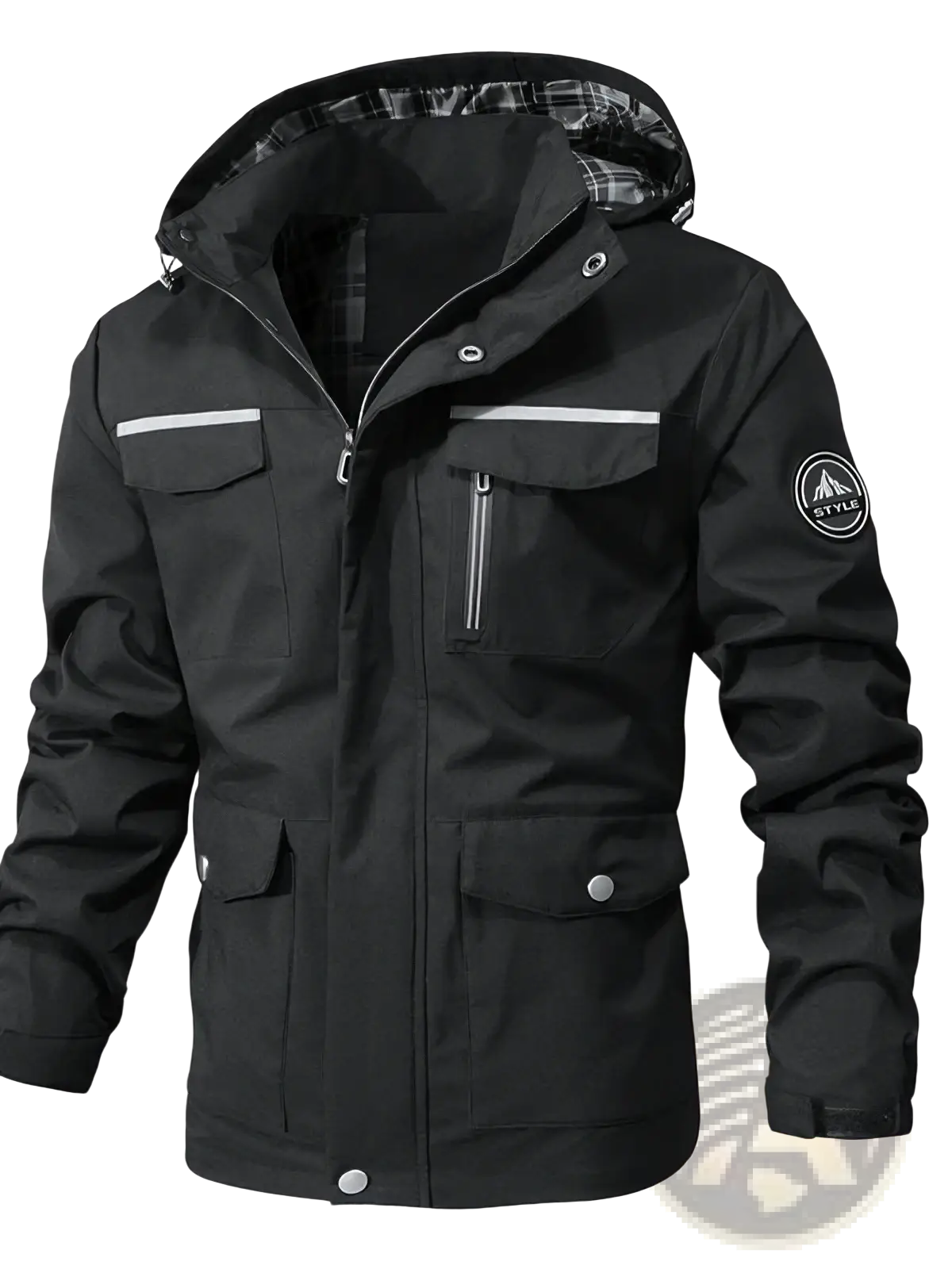 Men waterproof hooded trench coat in black with reflective stripes and plaid-lined waterproof interior for outdoor use