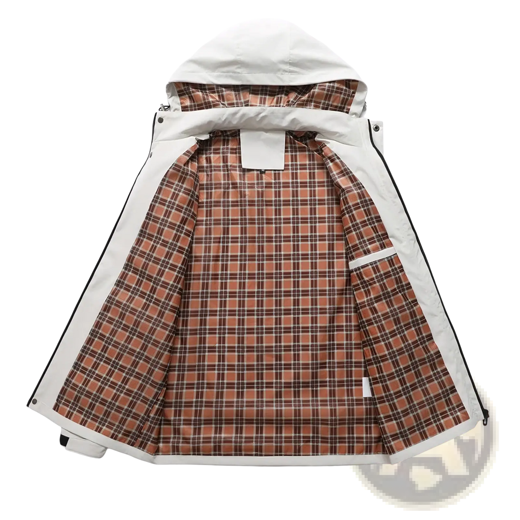 Men waterproof hooded trench coat in cream with plaid orange and brown interior and black trim along the zipper line
