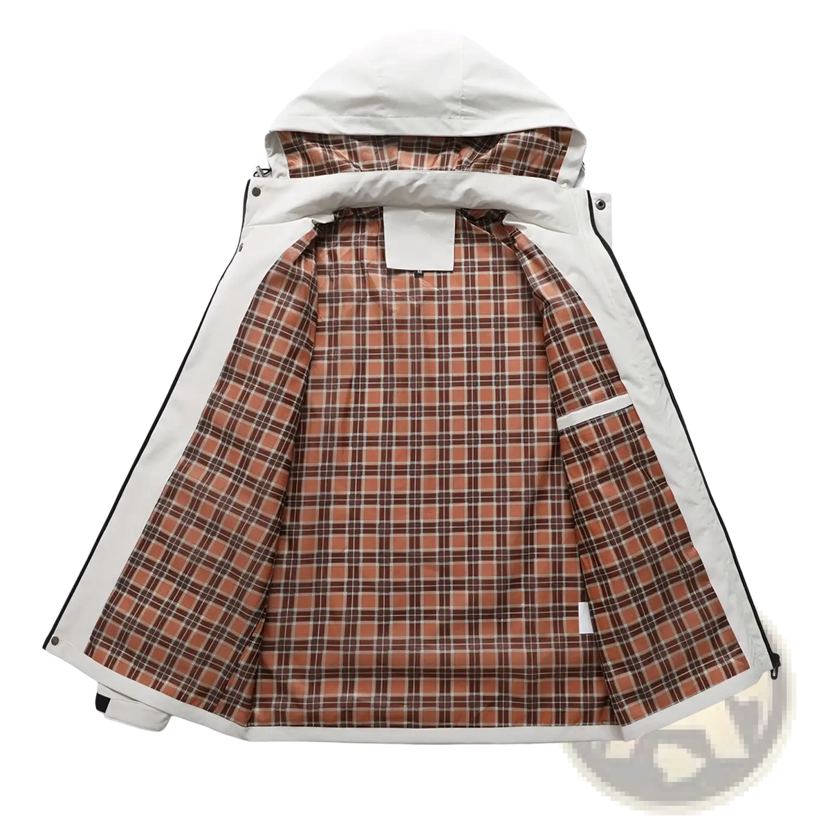 Men waterproof hooded trench coat in cream with plaid orange and brown interior and black trim along the zipper line