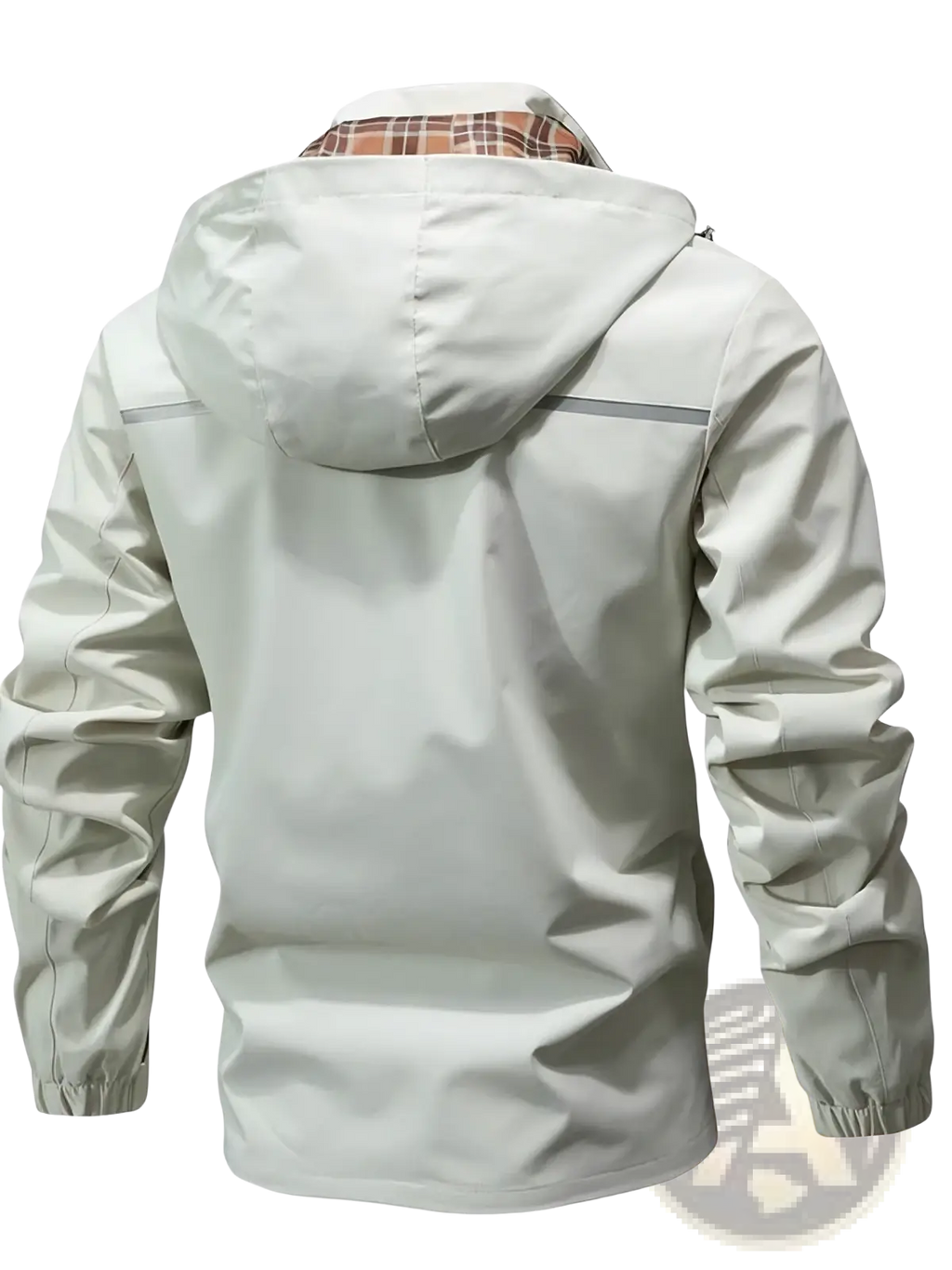 Men waterproof hooded trench coat in light gray with waterproof material, plaid-lined hood, and reflective shoulder stripes