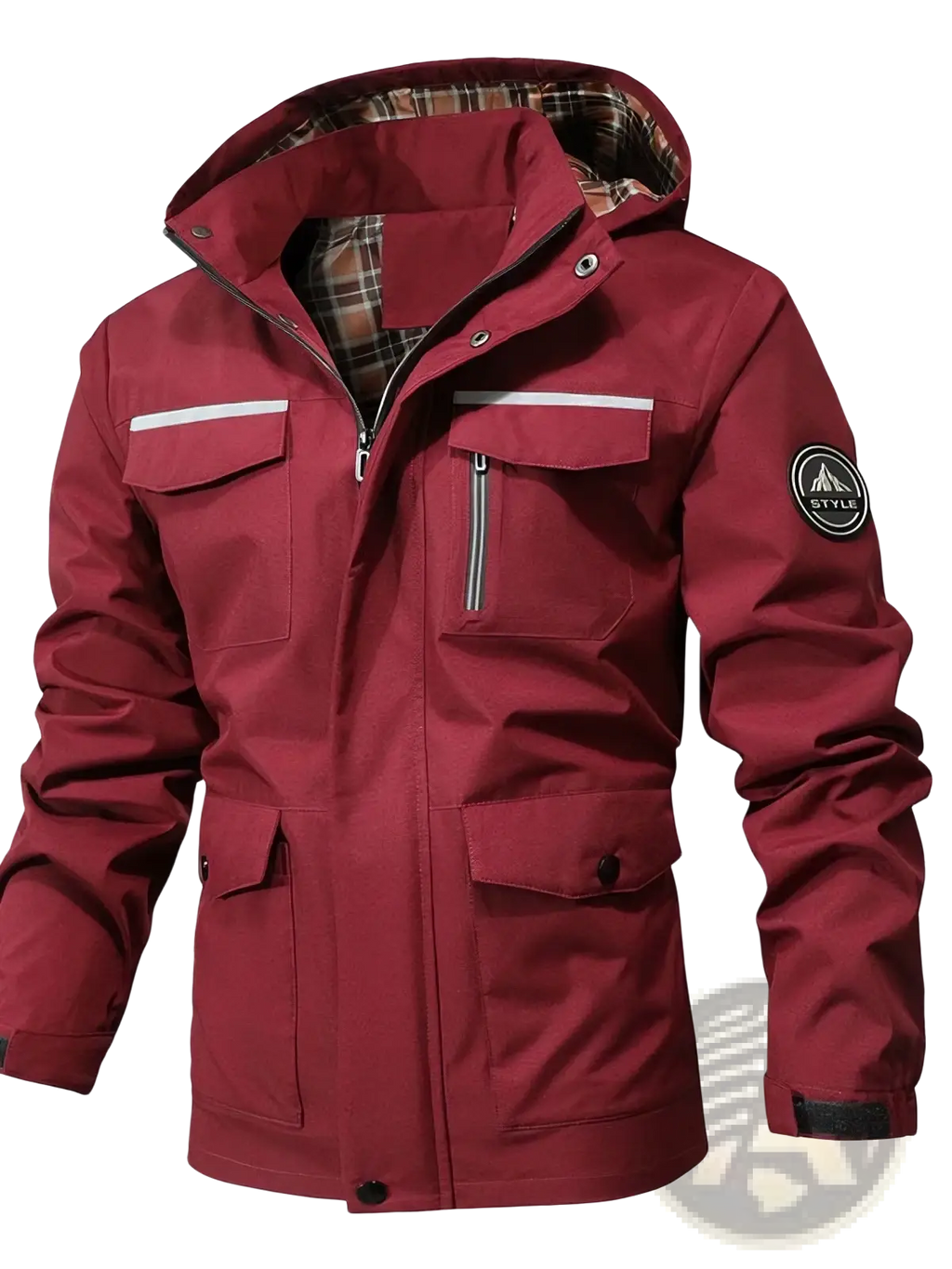 Men waterproof hooded trench coat in maroon with waterproof material, plaid lining, silver zippers, and sleeve patch