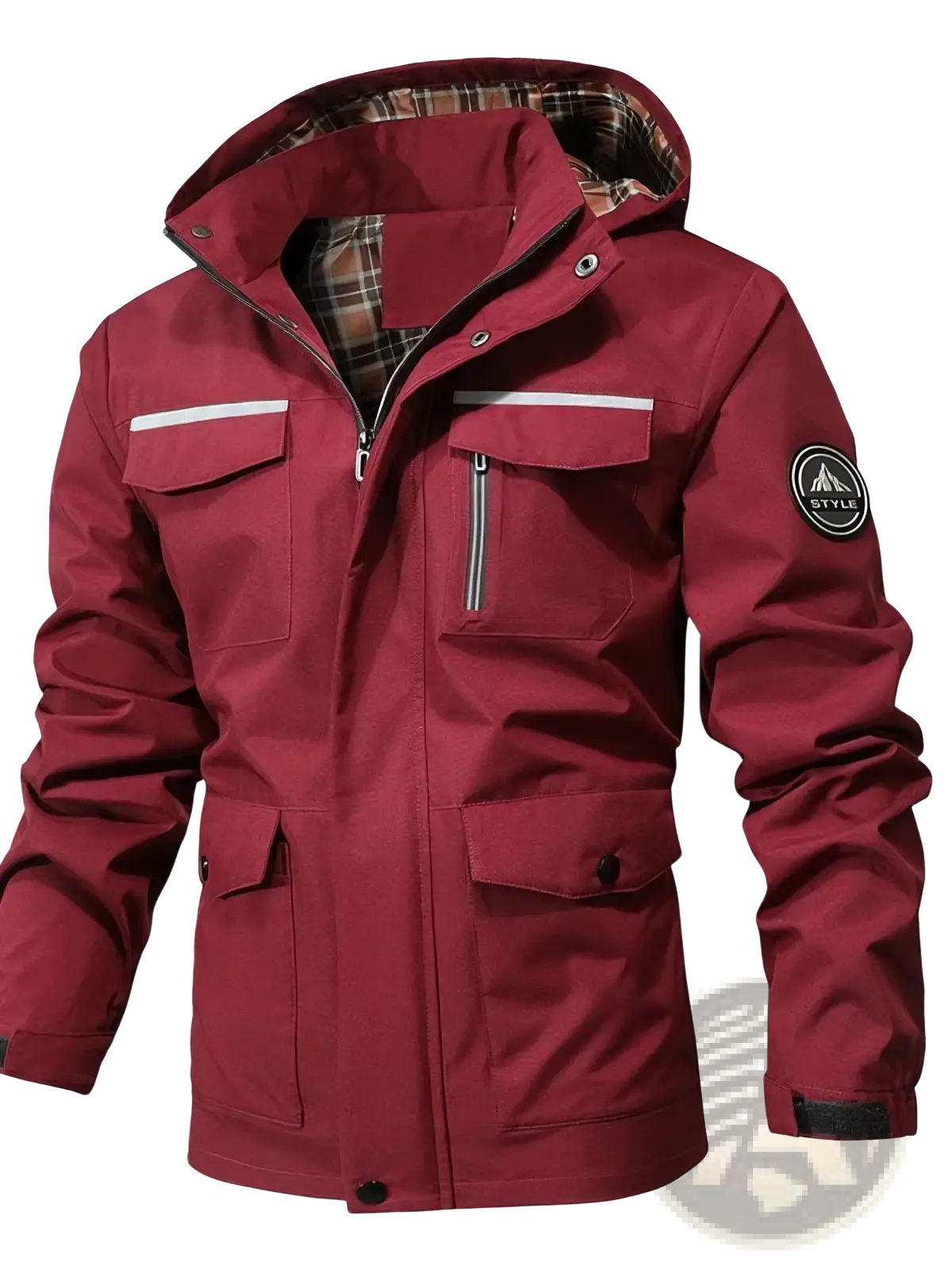 Men waterproof hooded trench coat in maroon with waterproof material, plaid lining, silver zippers, and sleeve patch