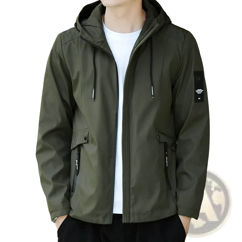 Men waterproof hooded windbreaker jacket in olive green with black zipper pulls and a black patch on the left sleeve