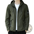 Men waterproof hooded windbreaker jacket in olive green with black zipper pulls and a black patch on the left sleeve