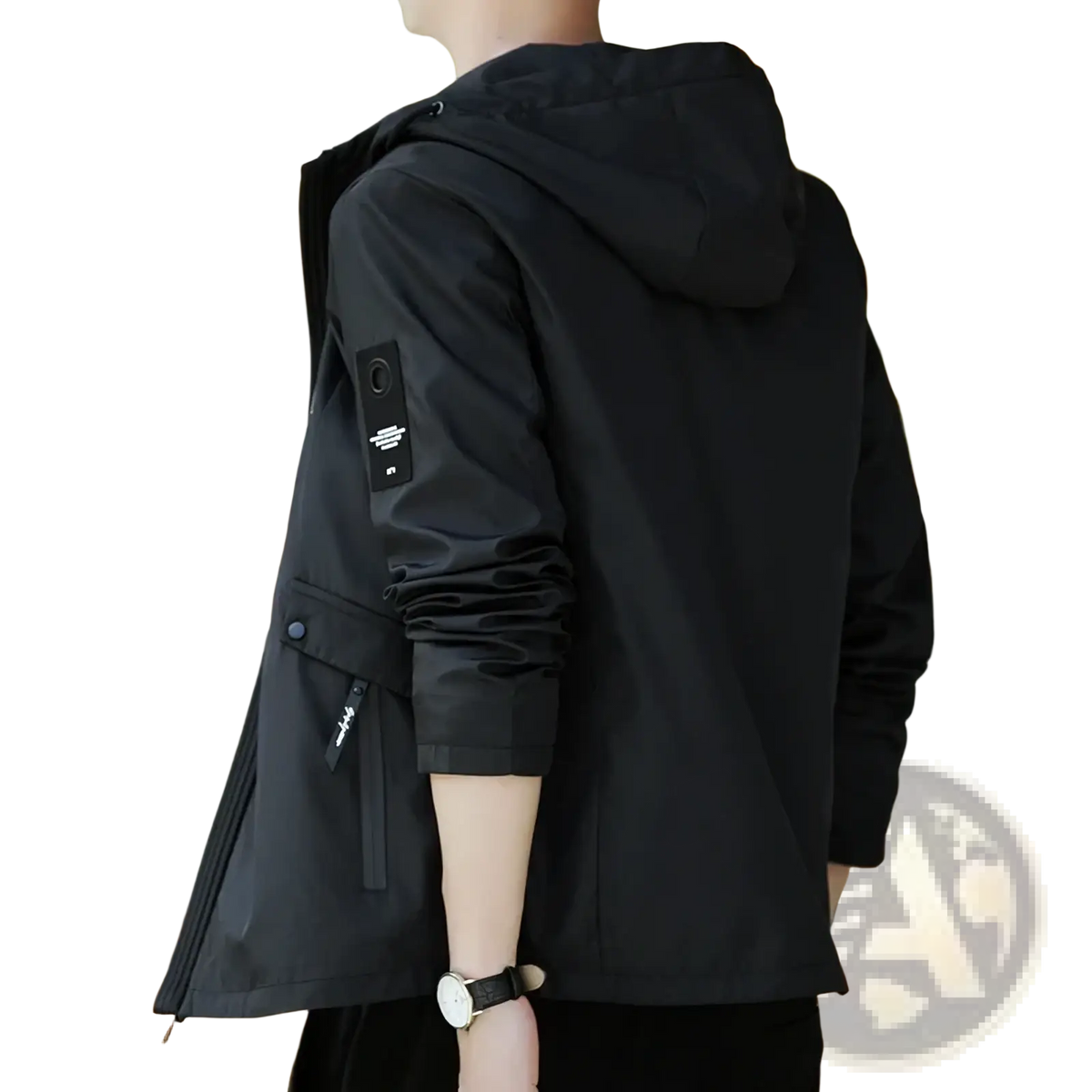 Men waterproof black hooded windbreaker jacket with sleek modern design and subtle branding patch on the sleeve