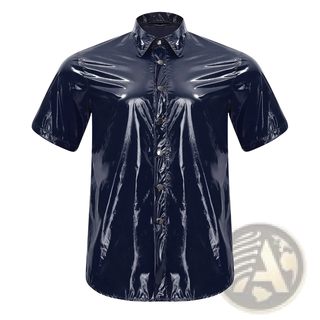 Men waterproof hooded windbreaker jacket featuring a glossy black short-sleeved button-up shirt with patent leather finish