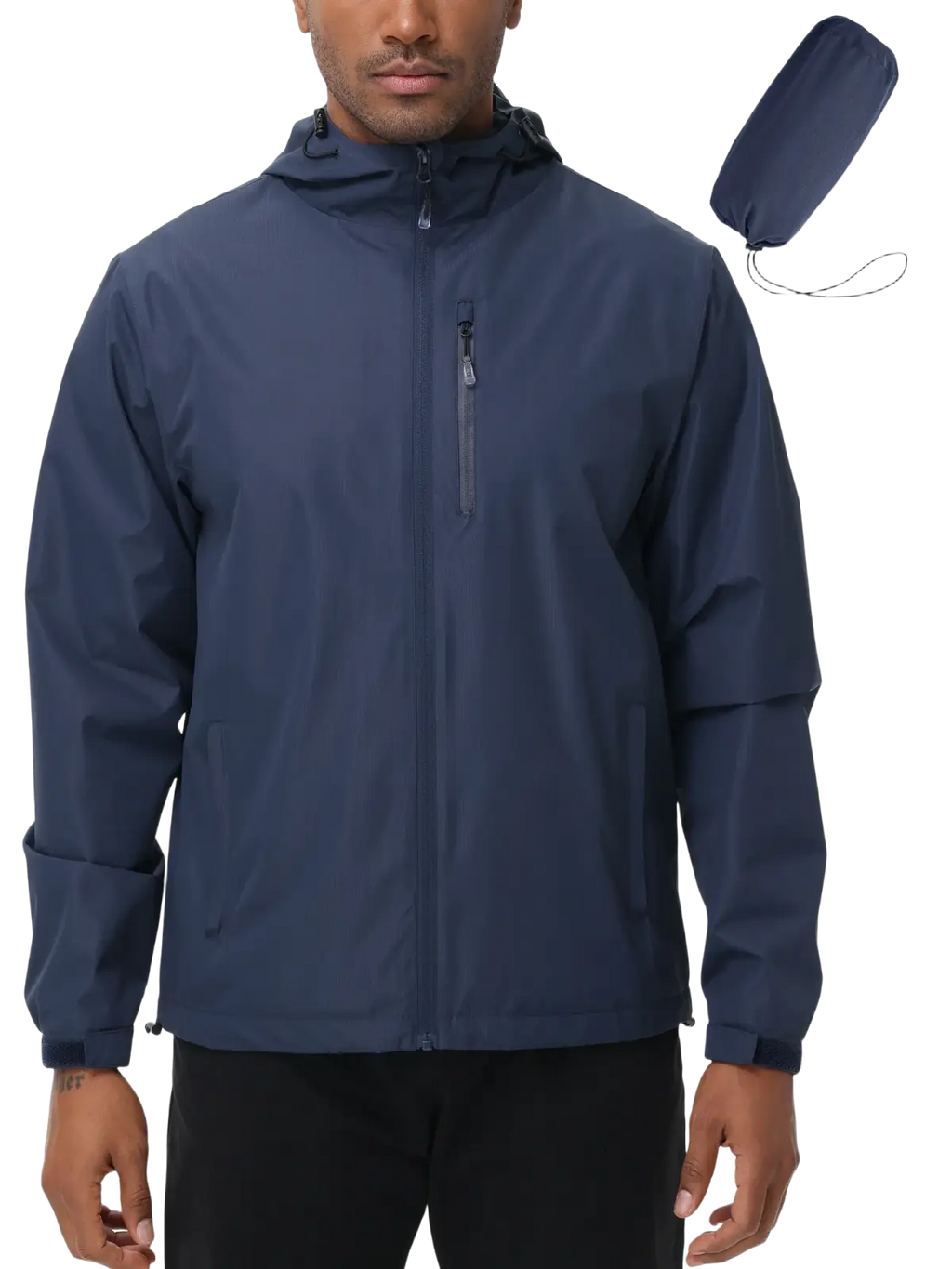 Men waterproof hooded windbreaker jacket in navy blue with zippered pockets and a compact carrying pouch