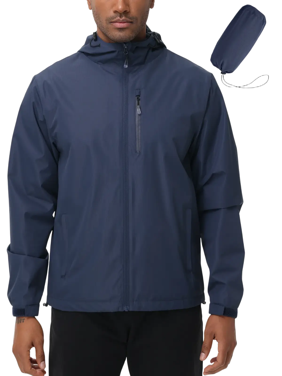 Men waterproof hooded windbreaker jacket in navy blue with zippered pockets and a compact carrying pouch