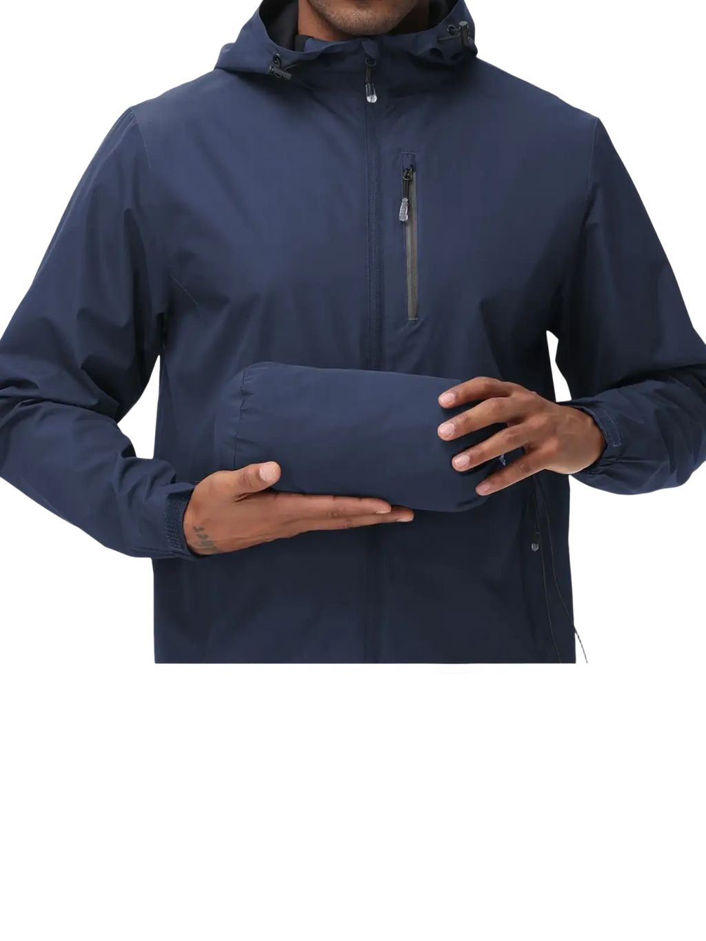 Men waterproof hooded windbreaker jacket navy blue packed in a compact storage sleeve for easy portability