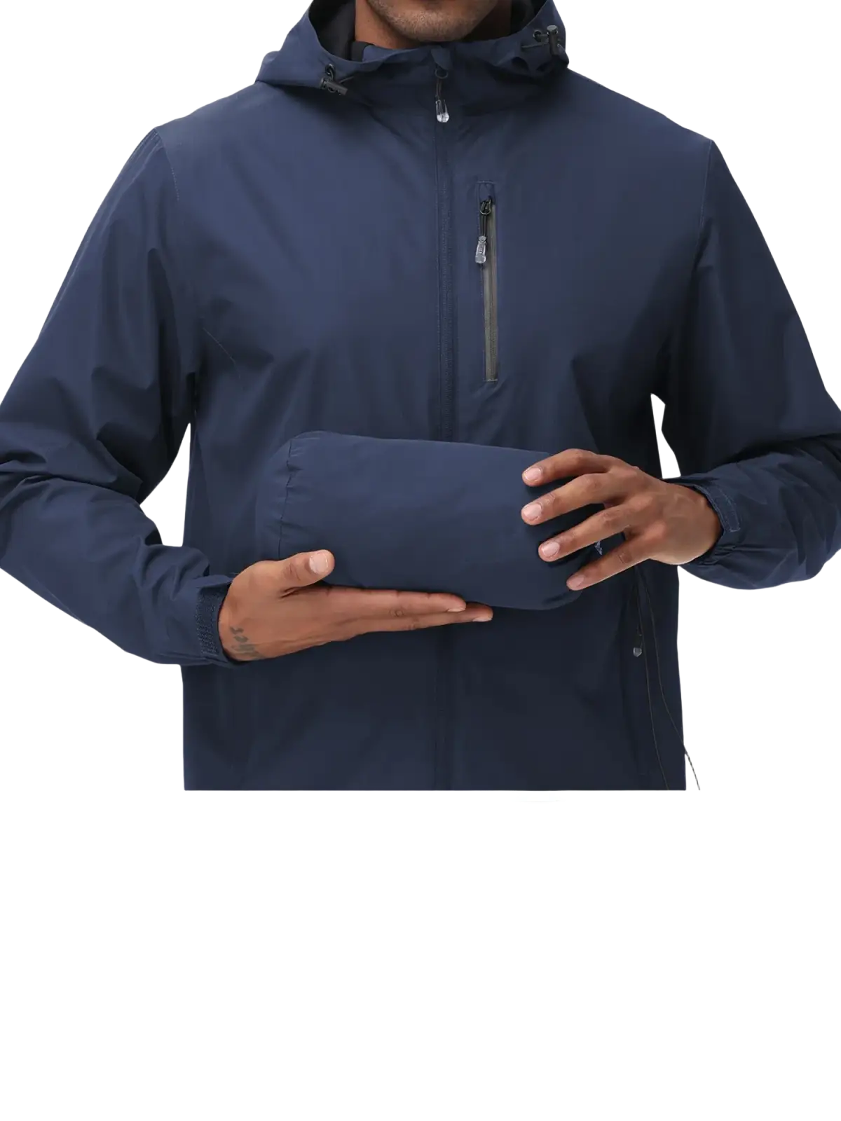 Men waterproof hooded windbreaker jacket navy blue packed in a compact storage sleeve for easy portability