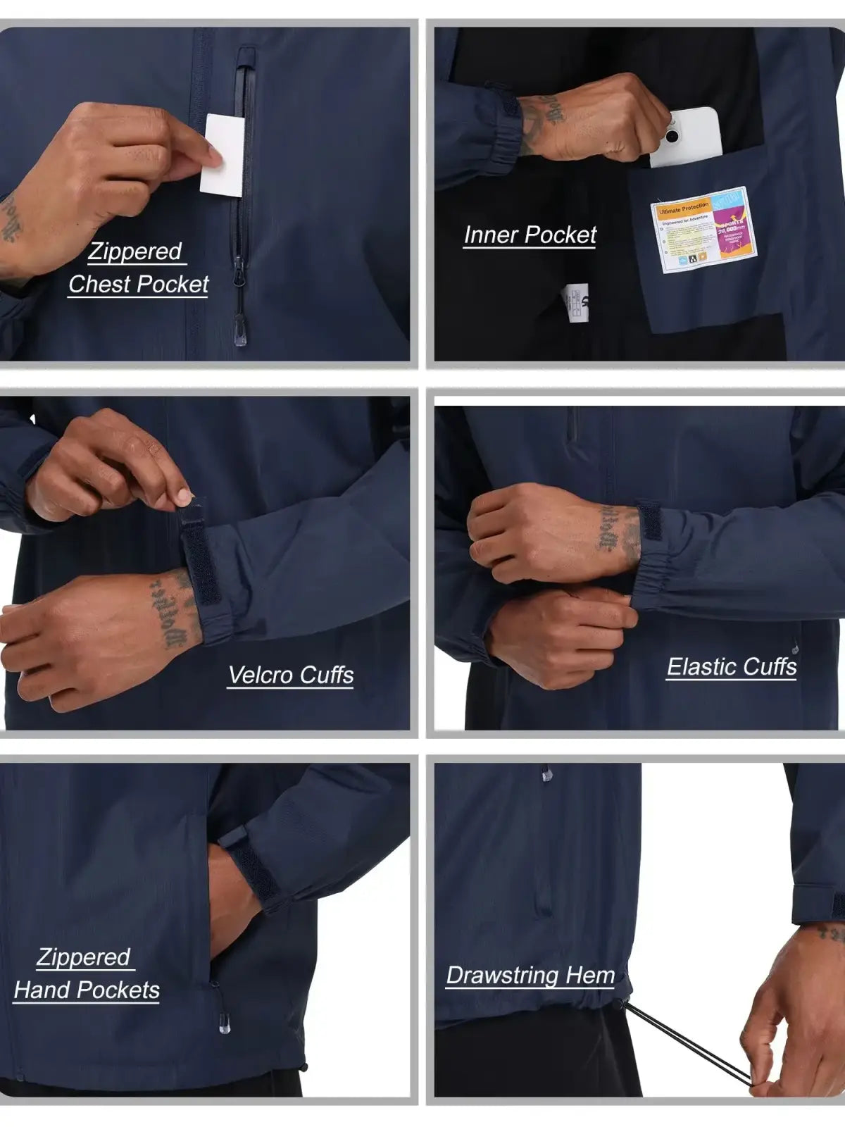 Men waterproof hooded windbreaker jacket navy blue with zippered chest pocket inner hand pockets and adjustable cuffs