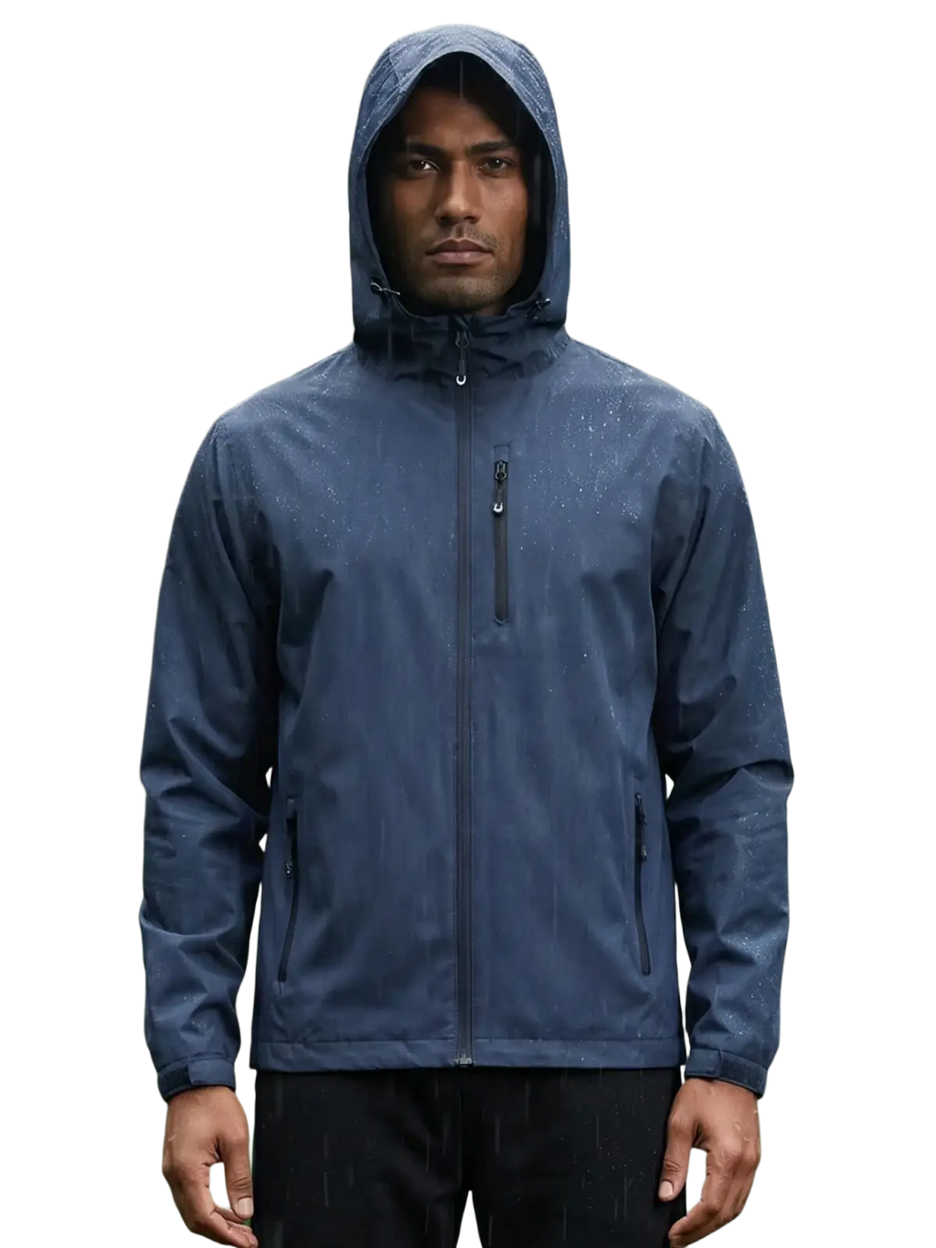 Men waterproof hooded windbreaker jacket in navy blue with zippered pockets and sleek modern design for outdoor use