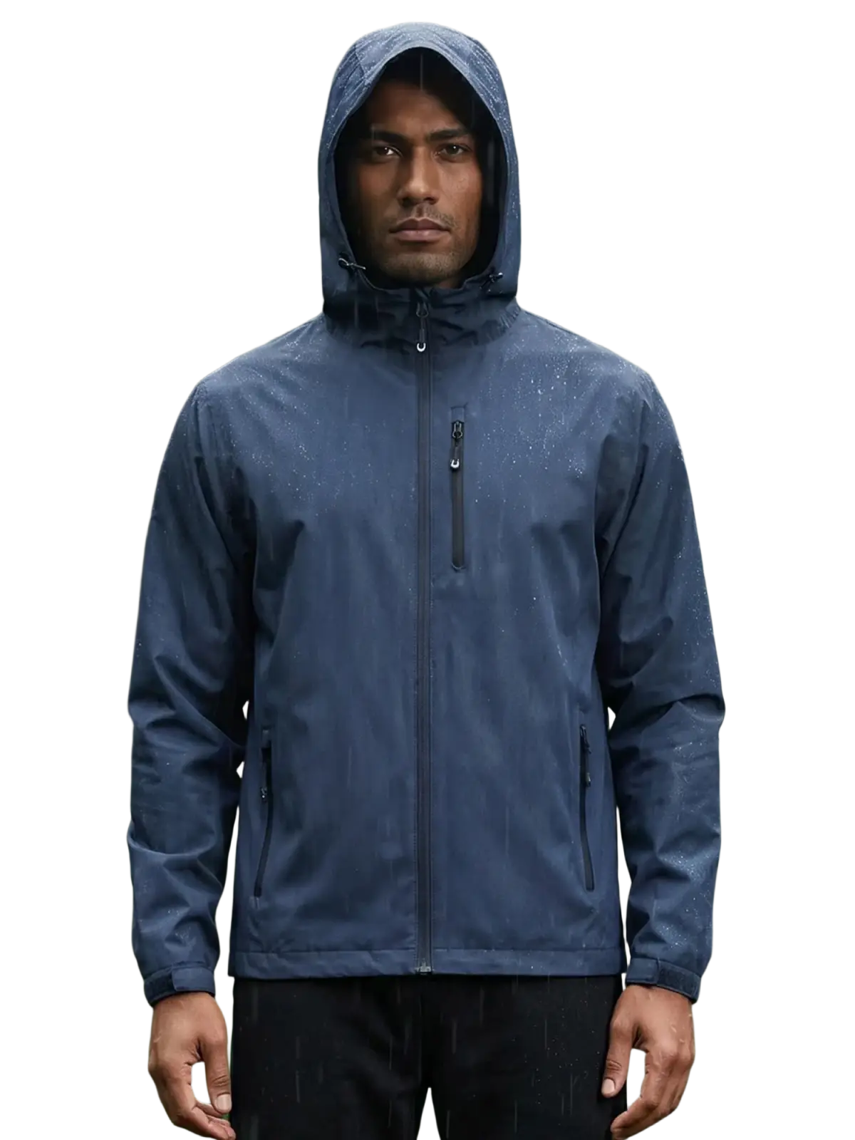 Men waterproof hooded windbreaker jacket in navy blue with zippered pockets and sleek modern design for outdoor use