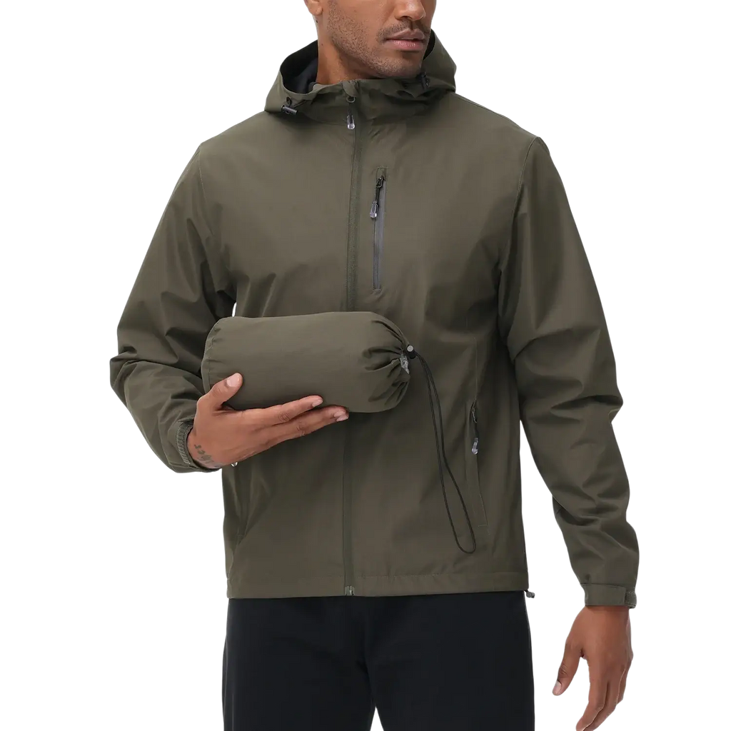 Men waterproof hooded windbreaker jacket in olive green with zippered pockets designed for outdoor use