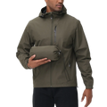 Men waterproof hooded windbreaker jacket in olive green with zippered pockets designed for outdoor use
