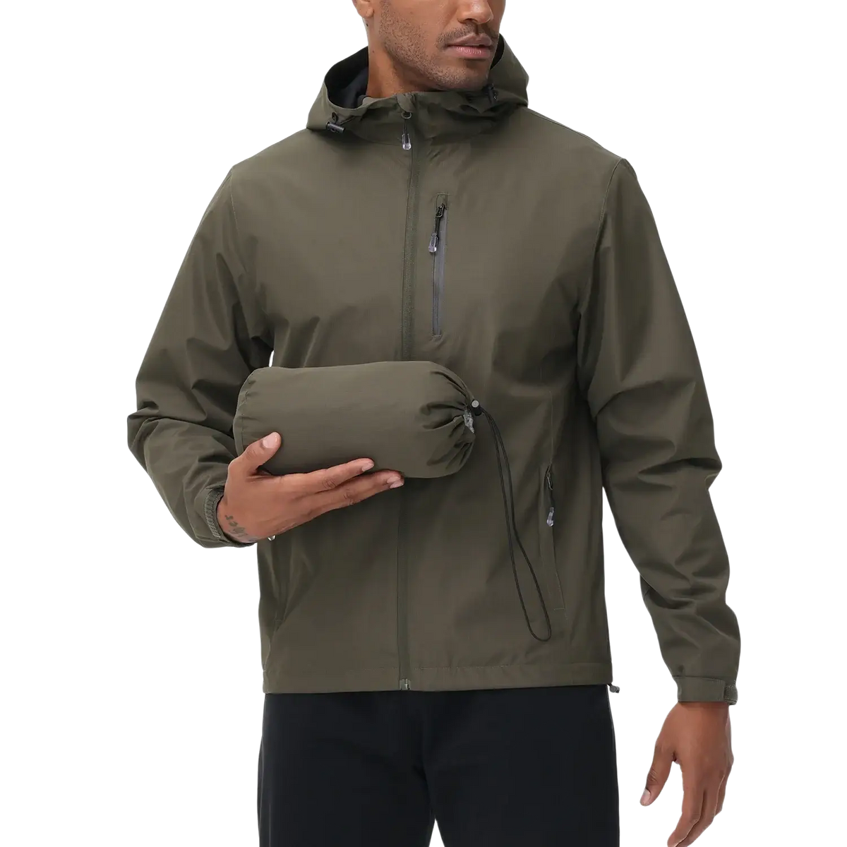 Men waterproof hooded windbreaker jacket in olive green with zippered pockets designed for outdoor use