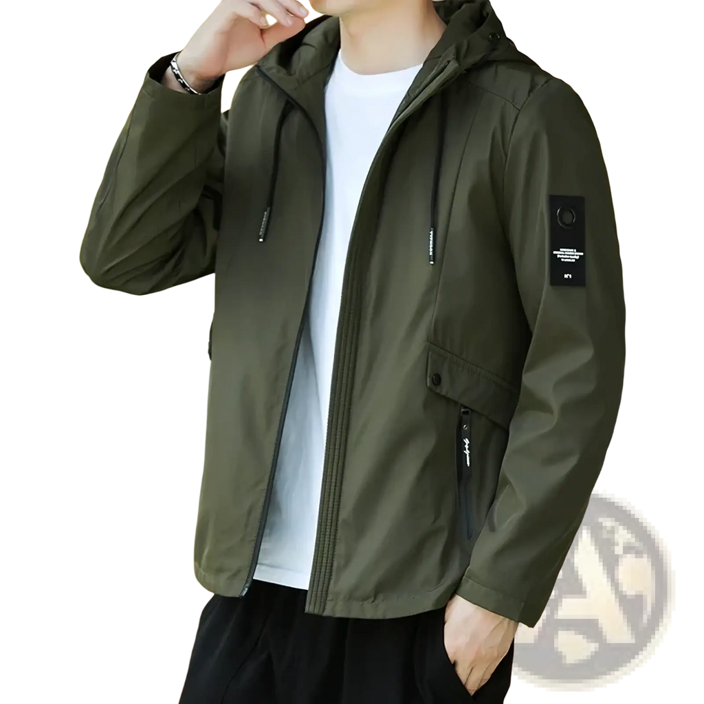 Olive green men waterproof hooded windbreaker jacket with black zipper accents and left sleeve patch