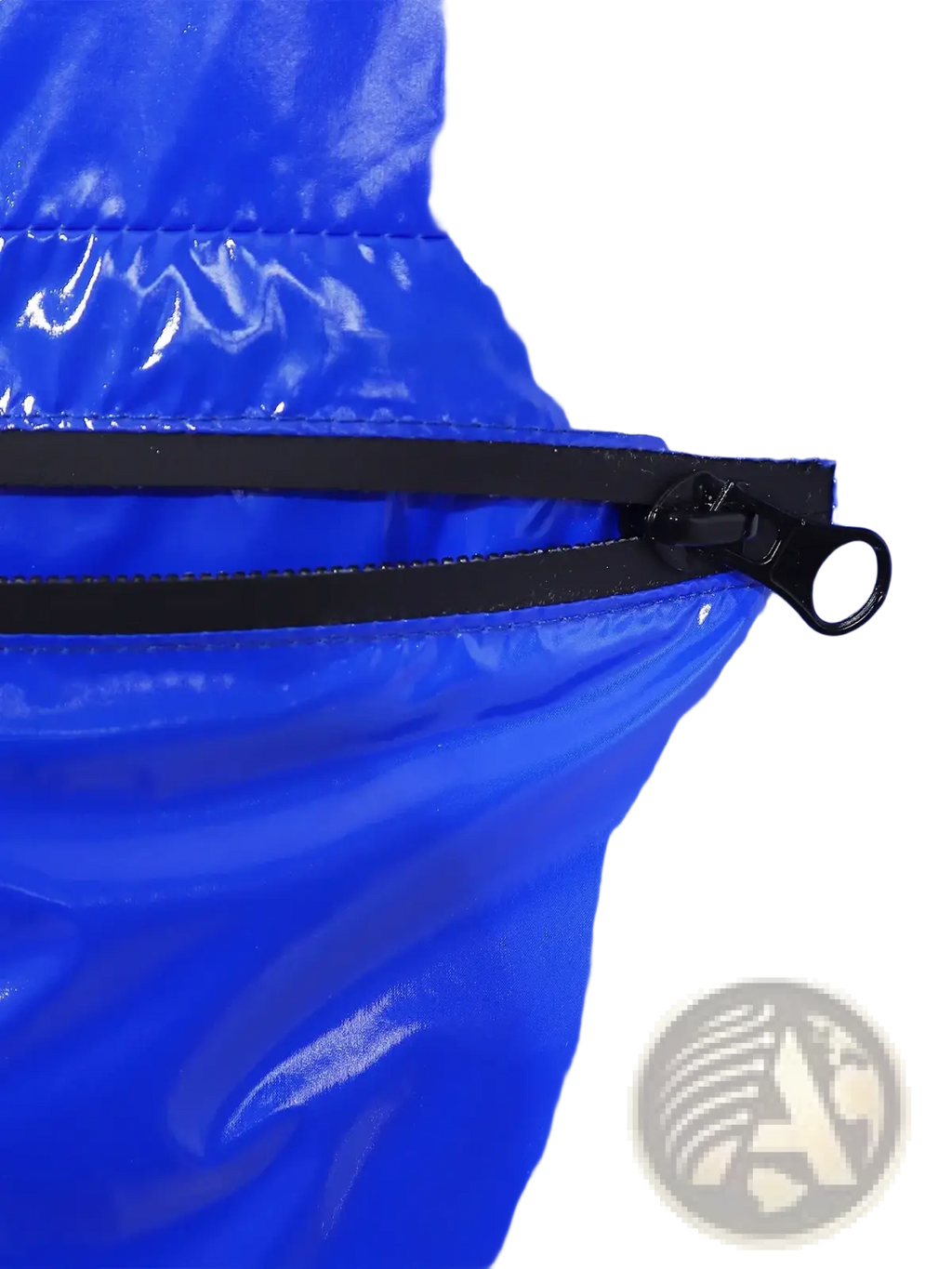 Men waterproof hooded windbreaker jacket in vibrant blue glossy nylon with a black zipper pull visible