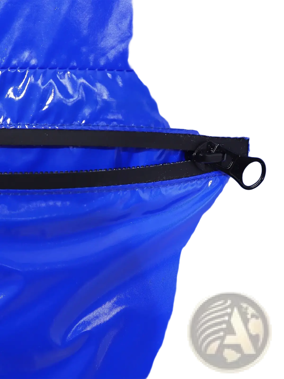 Men waterproof hooded windbreaker jacket in vibrant blue glossy nylon with a black zipper pull visible