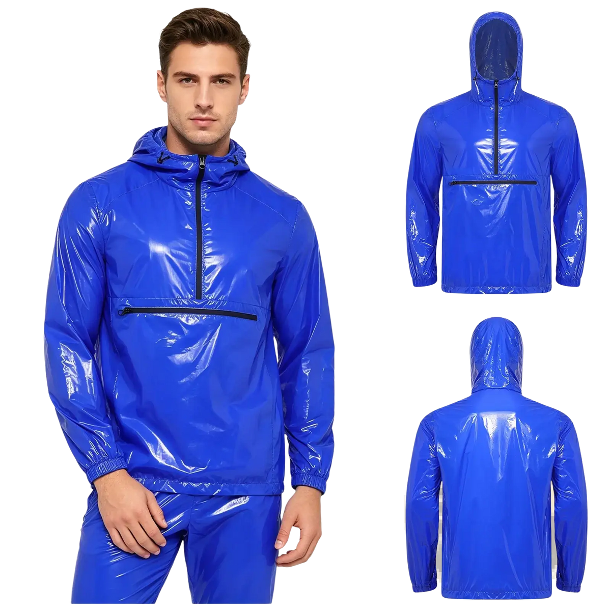 Men waterproof hooded windbreaker jacket in vibrant royal blue glossy waterproof material with front zipper