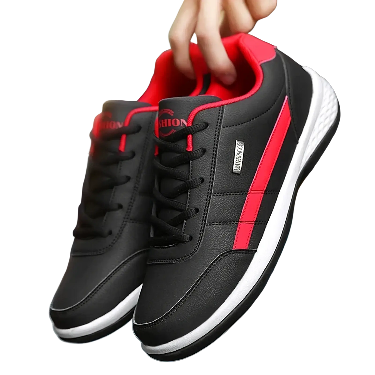 Men waterproof leather casual sneakers in black and red with white soles featuring sleek design and waterproof branding