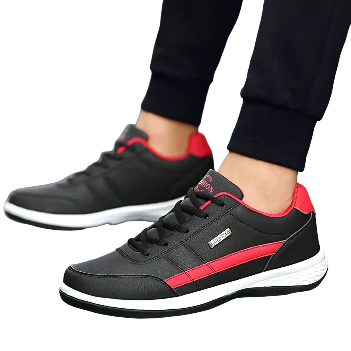 Men waterproof leather casual sneakers in black and red with white soles and sleek design featuring visible brand logo