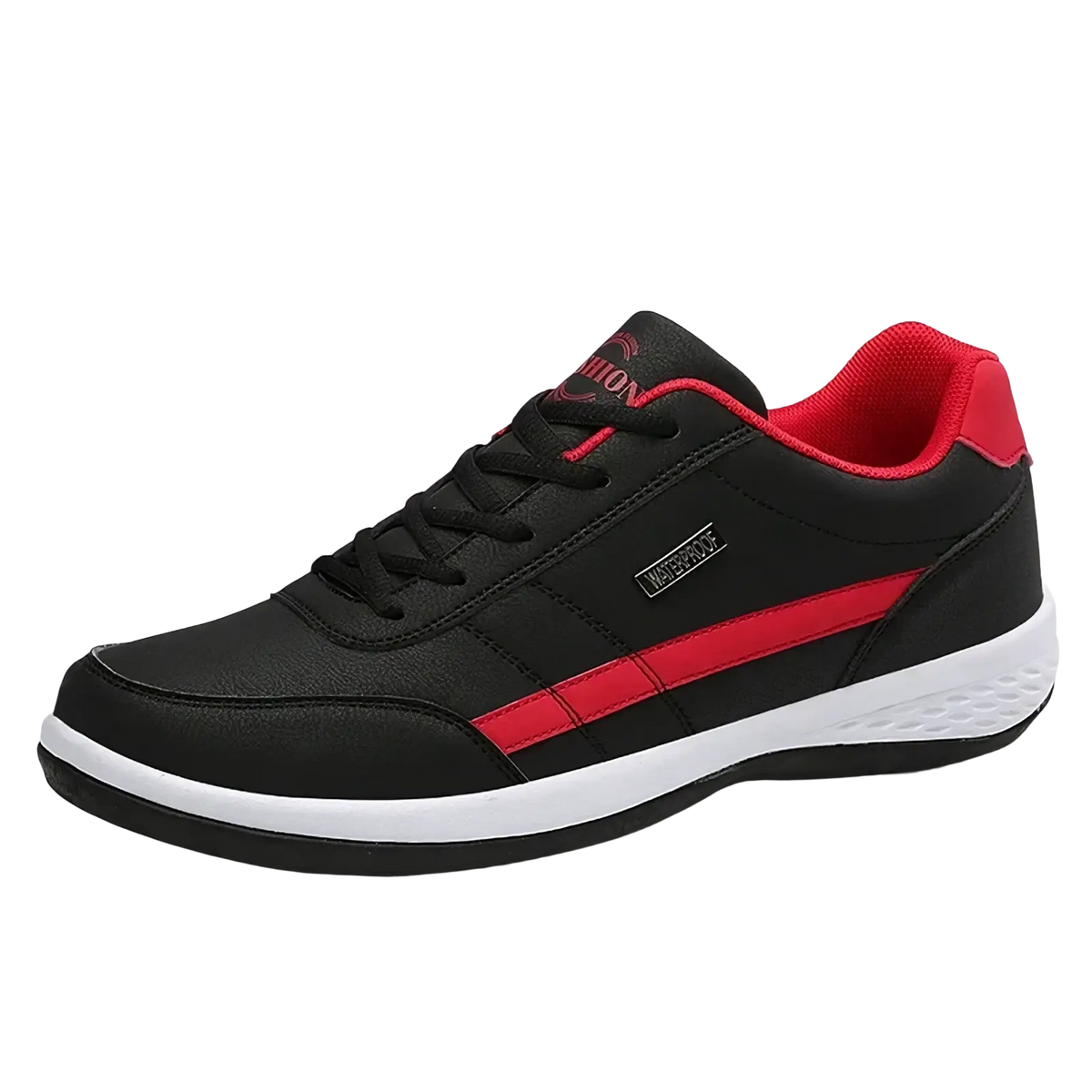 Men waterproof leather casual sneakers in black and red with white sole featuring a sleek design and waterproof label