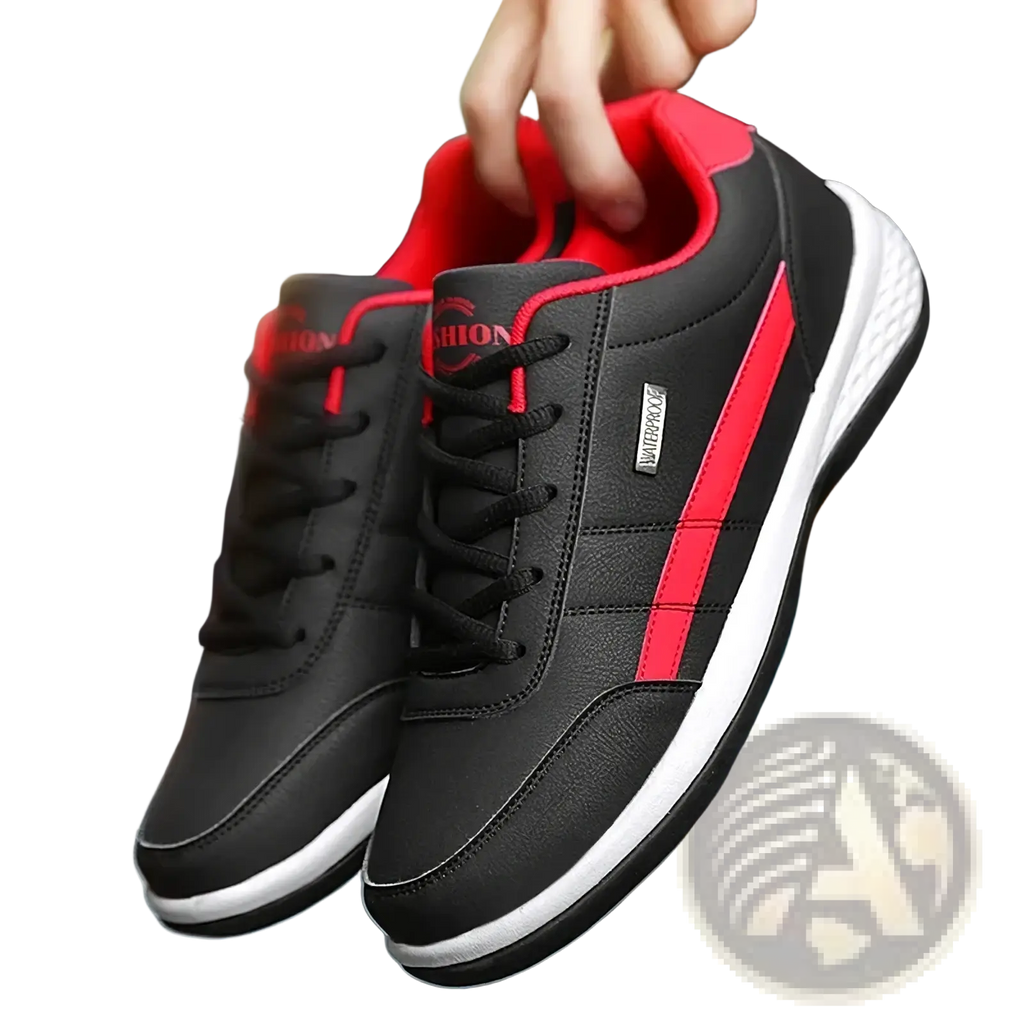 Men waterproof leather casual sneakers in black and red with white soles featuring sleek design and waterproof branding