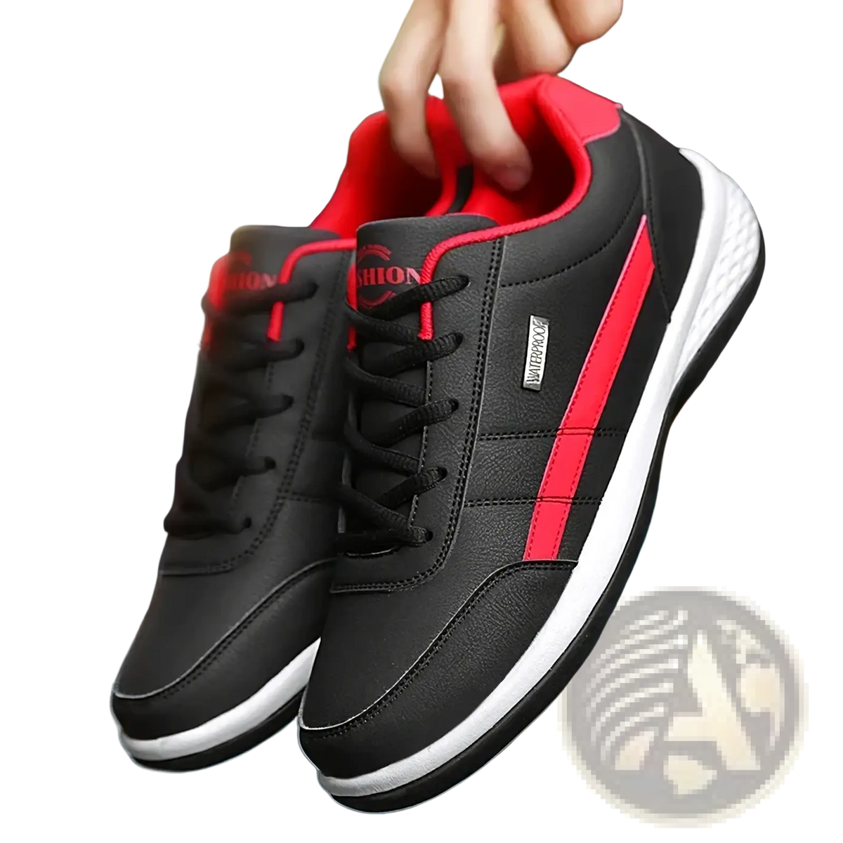 Men waterproof leather casual sneakers in black and red with white soles featuring sleek design and waterproof branding