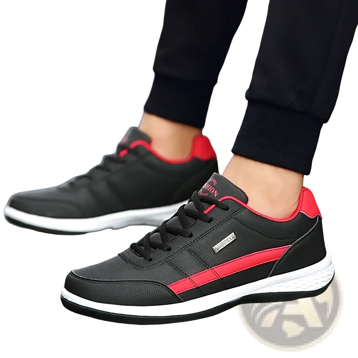 Men waterproof leather casual sneakers in black and red with white soles and sleek design featuring visible brand logo