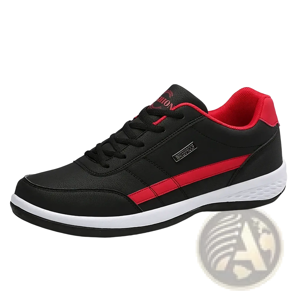 Men waterproof leather casual sneakers in black and red with white sole featuring a sleek design and waterproof label