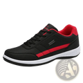Men waterproof leather casual sneakers in black and red with white sole featuring a sleek design and waterproof label