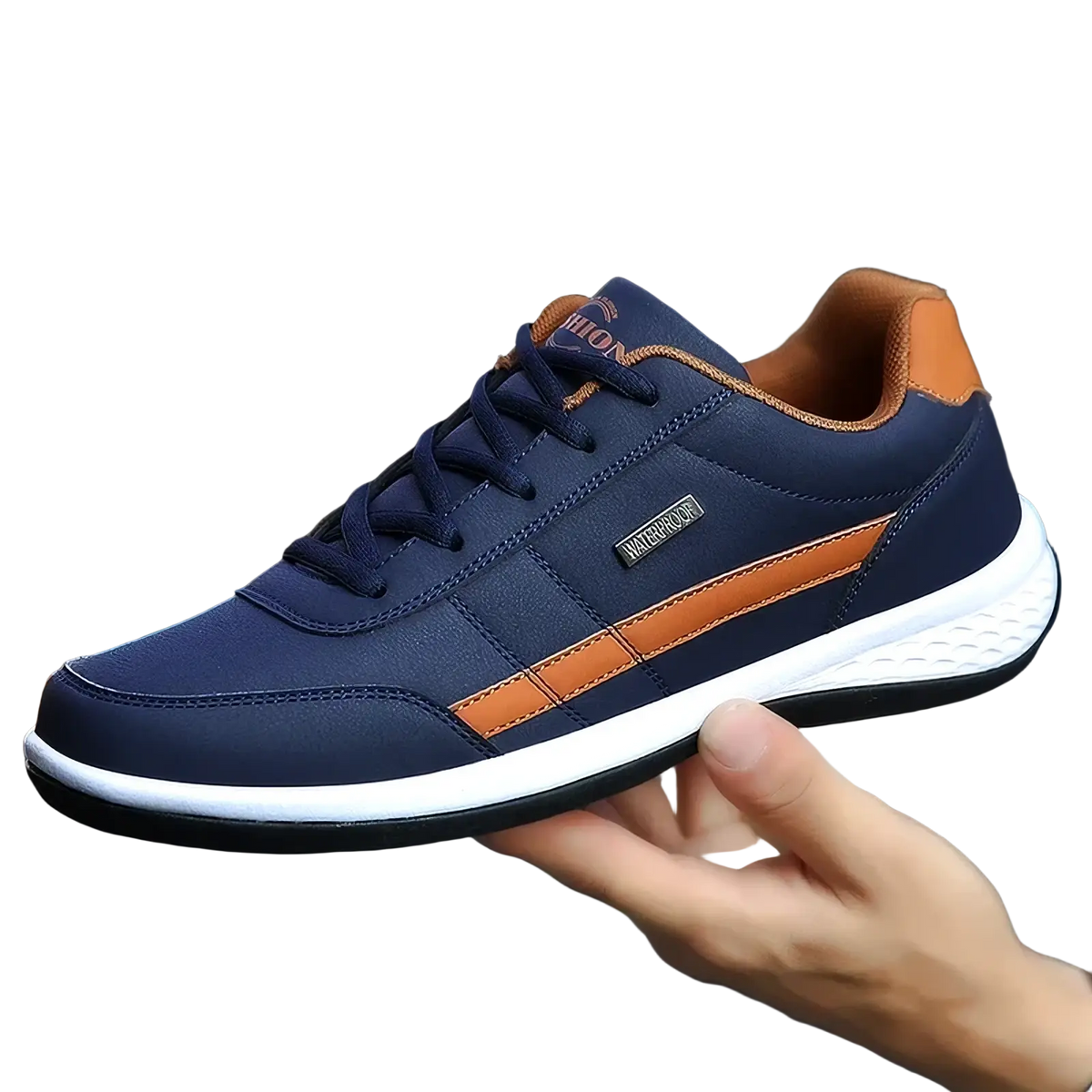 Men waterproof leather casual sneakers in navy blue and tan with white rubber sole for athletic use