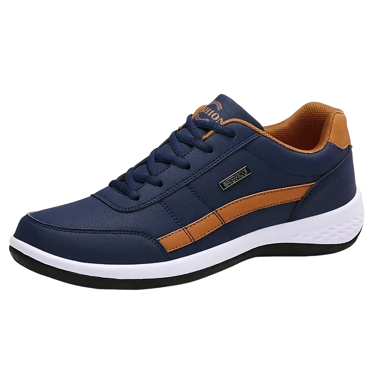 Men waterproof leather casual sneaker in navy blue and tan with white midsole and black outsole